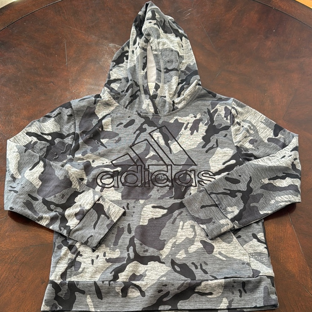 adidas Boys Long Sleeve Heathered Core Camo Hooded Pullover